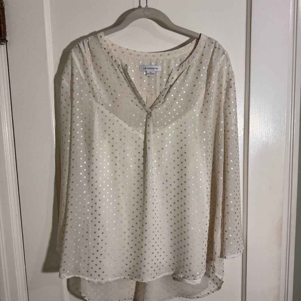 Liz Claiborne Cream Long-Sleeve Blouse with Metallic Dots